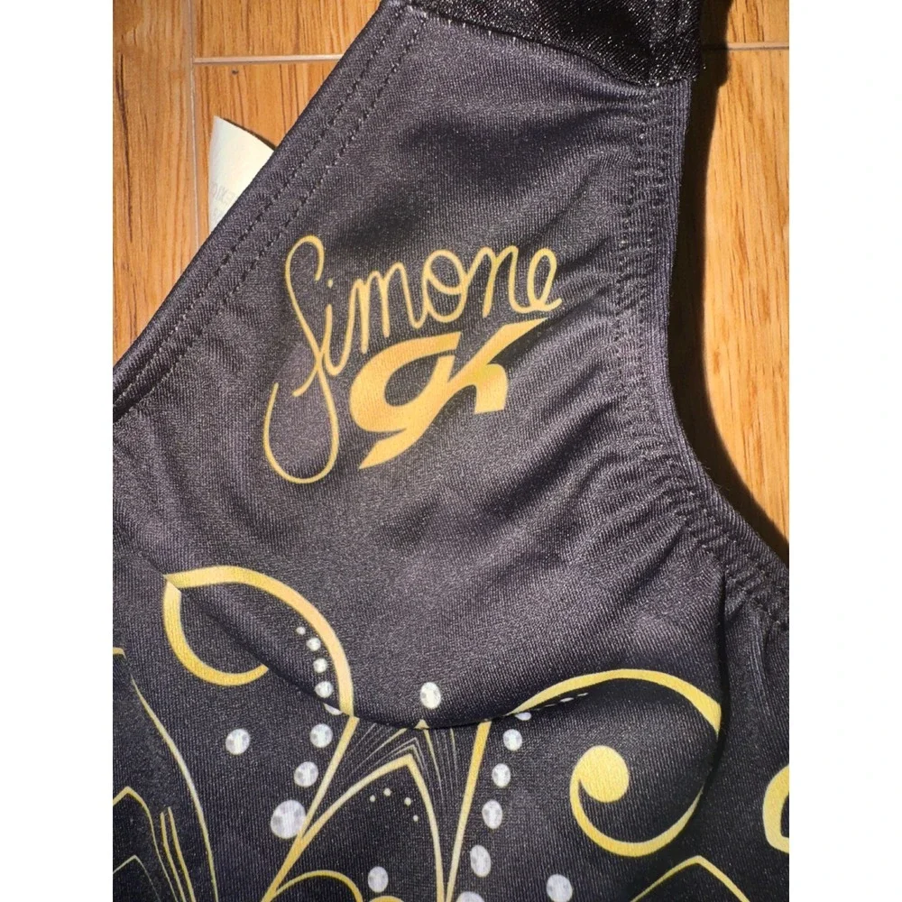 GK Elite Simone Biles Gymnastics Leotard Black Gold Mandala Rhinestone Kids CM